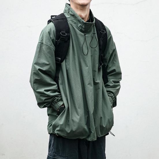 Men Jacket Solid Color Half Turtleneck Streetwear Autumn Washed Elastic Cuff Windbreaker for Daily Wear