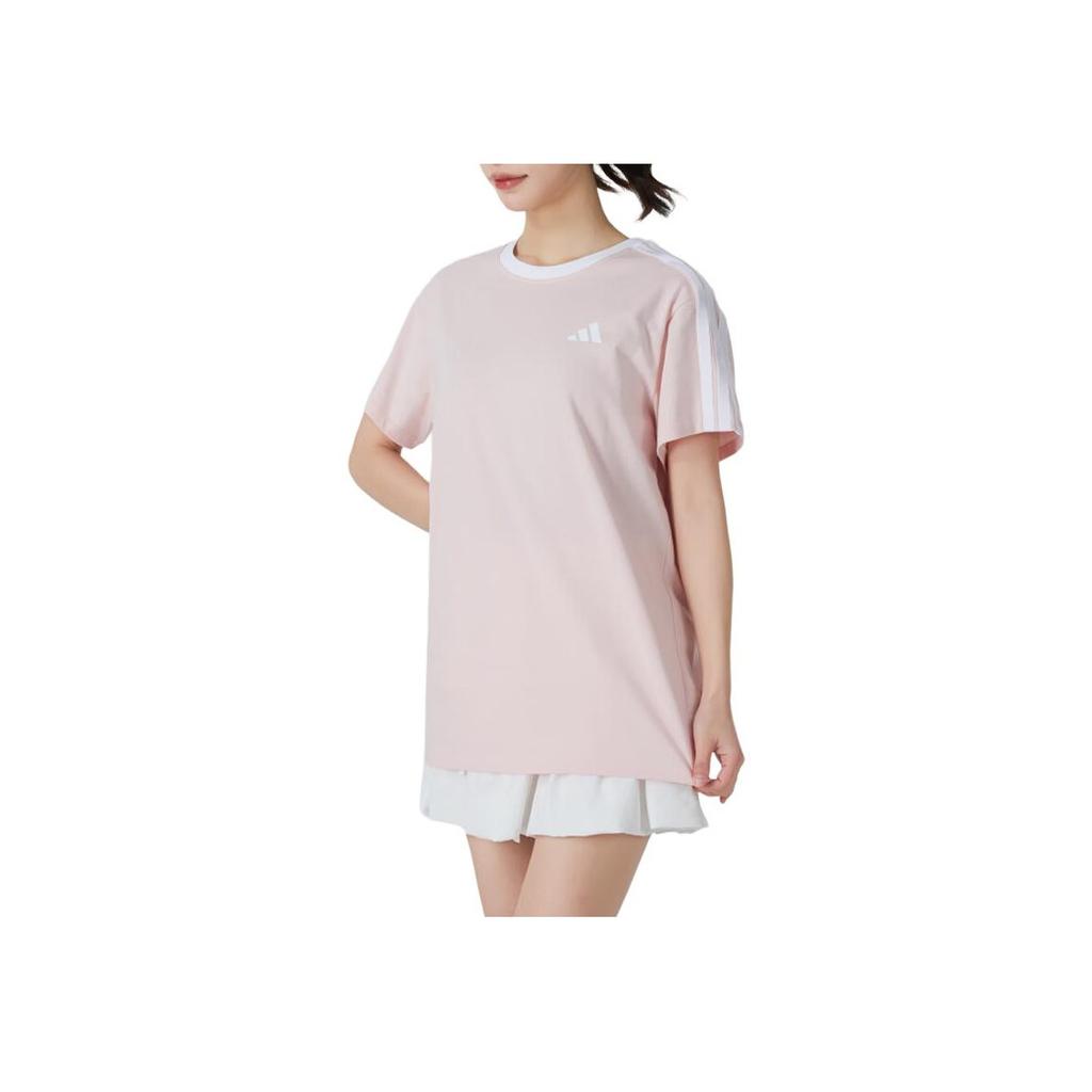 adidas Sports Lifestyle Series Skin-Friendly Breathable Casual Striped Short Sleeve Regular T-Shirt Women Tops Light-Pink White JY7614