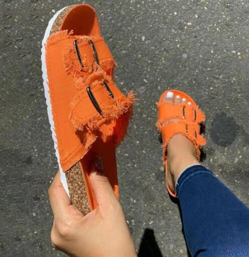 Summer Unique New Casual Denim Solid Color Canvas Buckle with Two Words with Flat Slippers P724