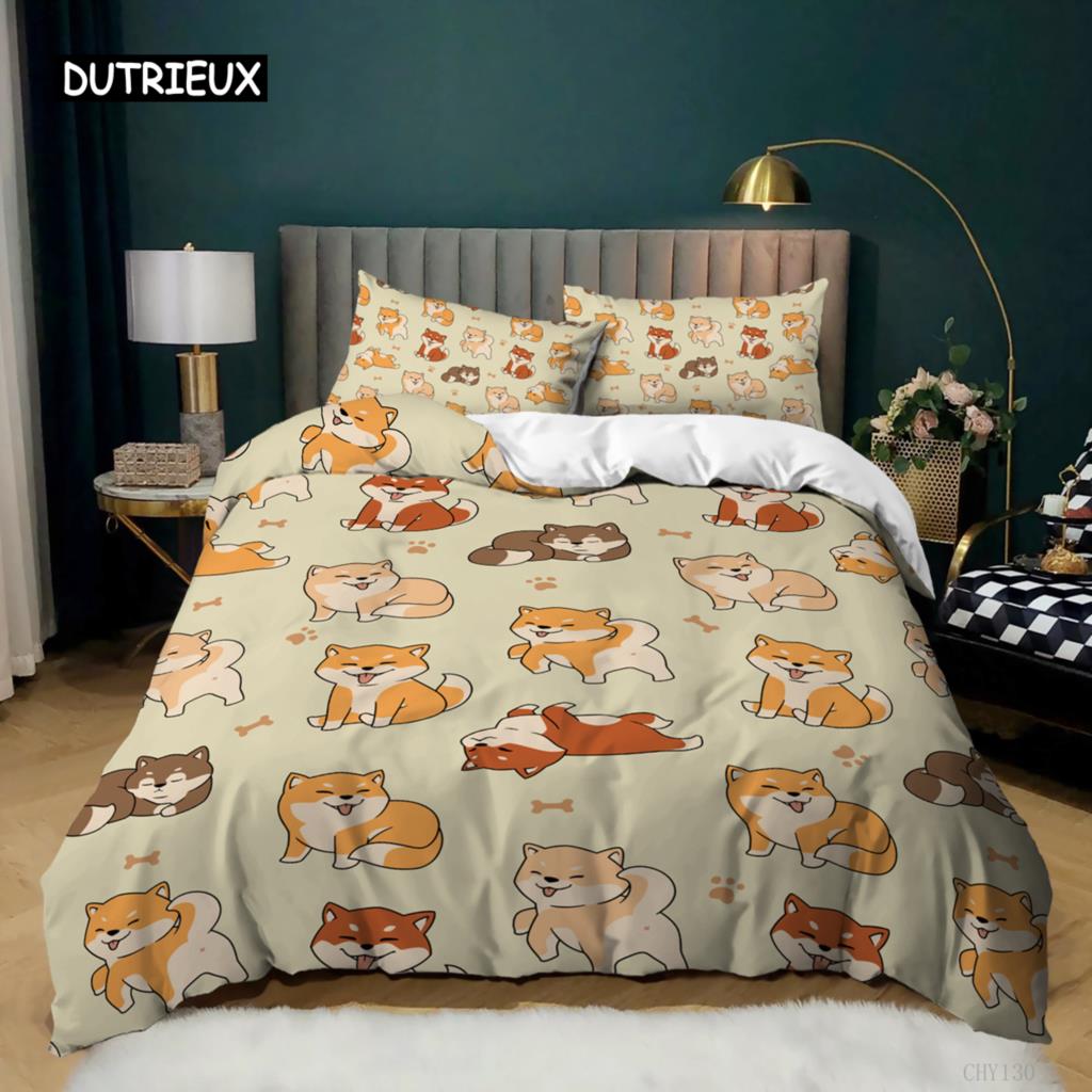 Cartoon Dog Duvet Cover Set Golden Retriever Teddy Bedding Set For Dog Lover Girl Boy Soft Polyester Queen King Size Quilt Cover