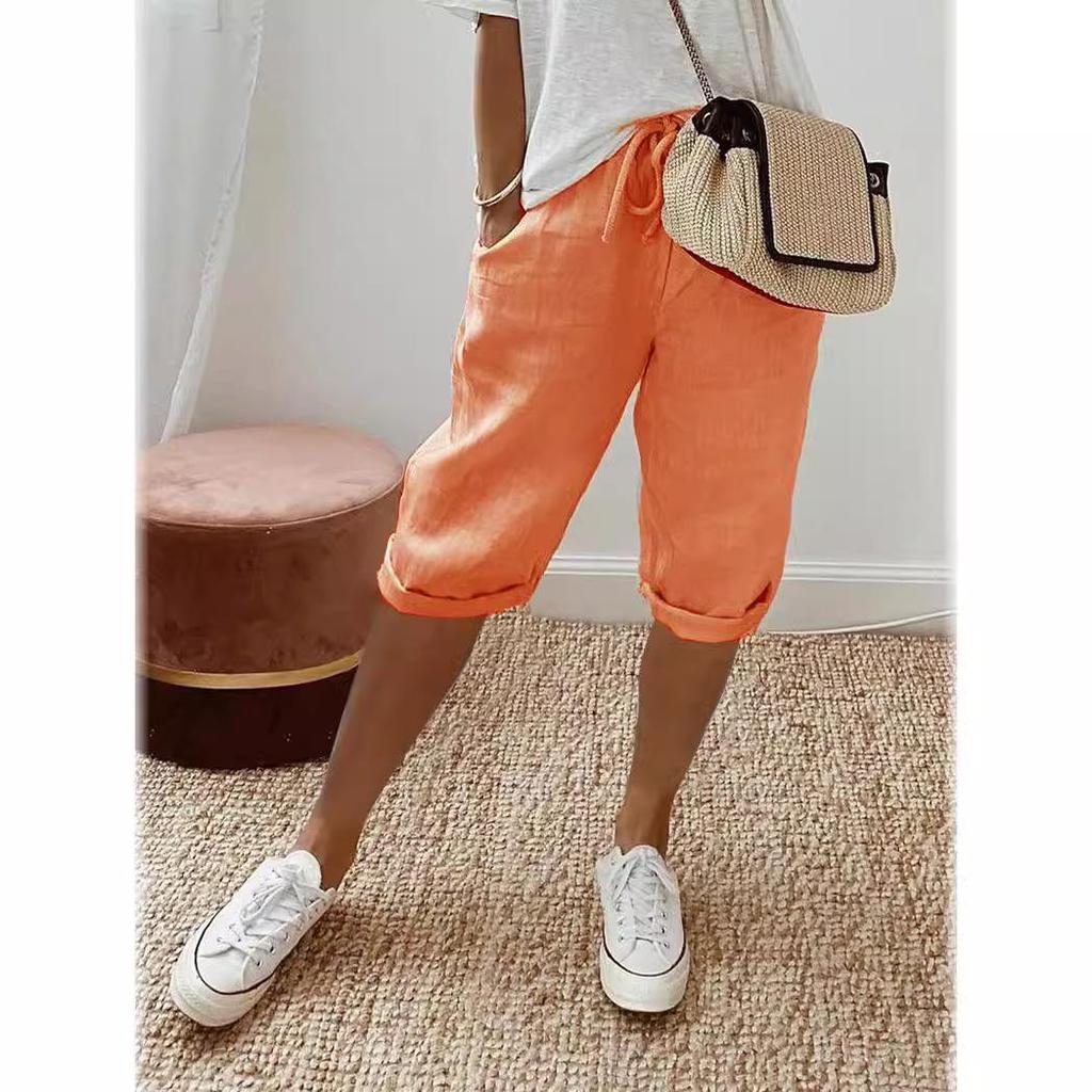 Pantaloni scurți casual din amestec de bumbac și in cu talie elastică și buzunare