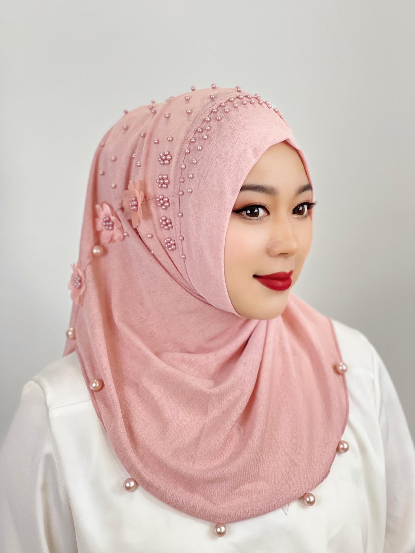 

- New Malay Women S Headscarf Hat Beaded Flower Shawl Elastic Solid Color Ethnic Pullover Hat Spot one size fits all