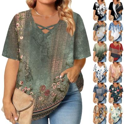 Women's Fashion Casual Solid Colour Stripe Printed V-Neck Short Sleeve Large Size T-Shirt Top