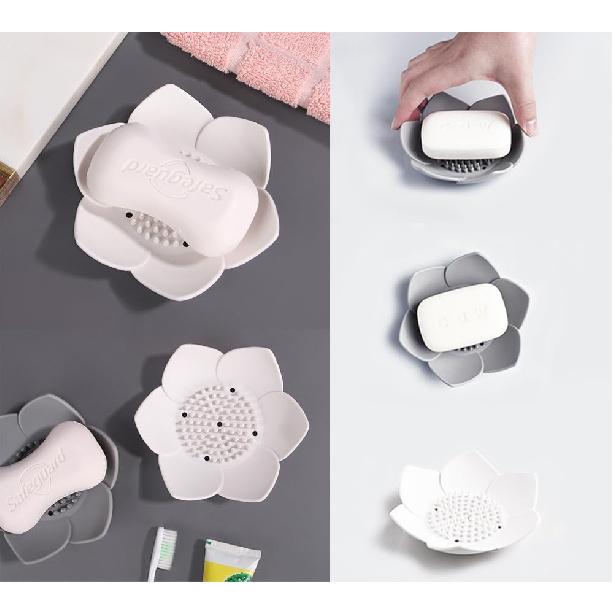 AKOAK Non-Slip Durable Silicone Soap Dish, Creative Lotus Design Storage Shelf Shower, Counter, Sink, Bathroom - 1 Count (Gray)