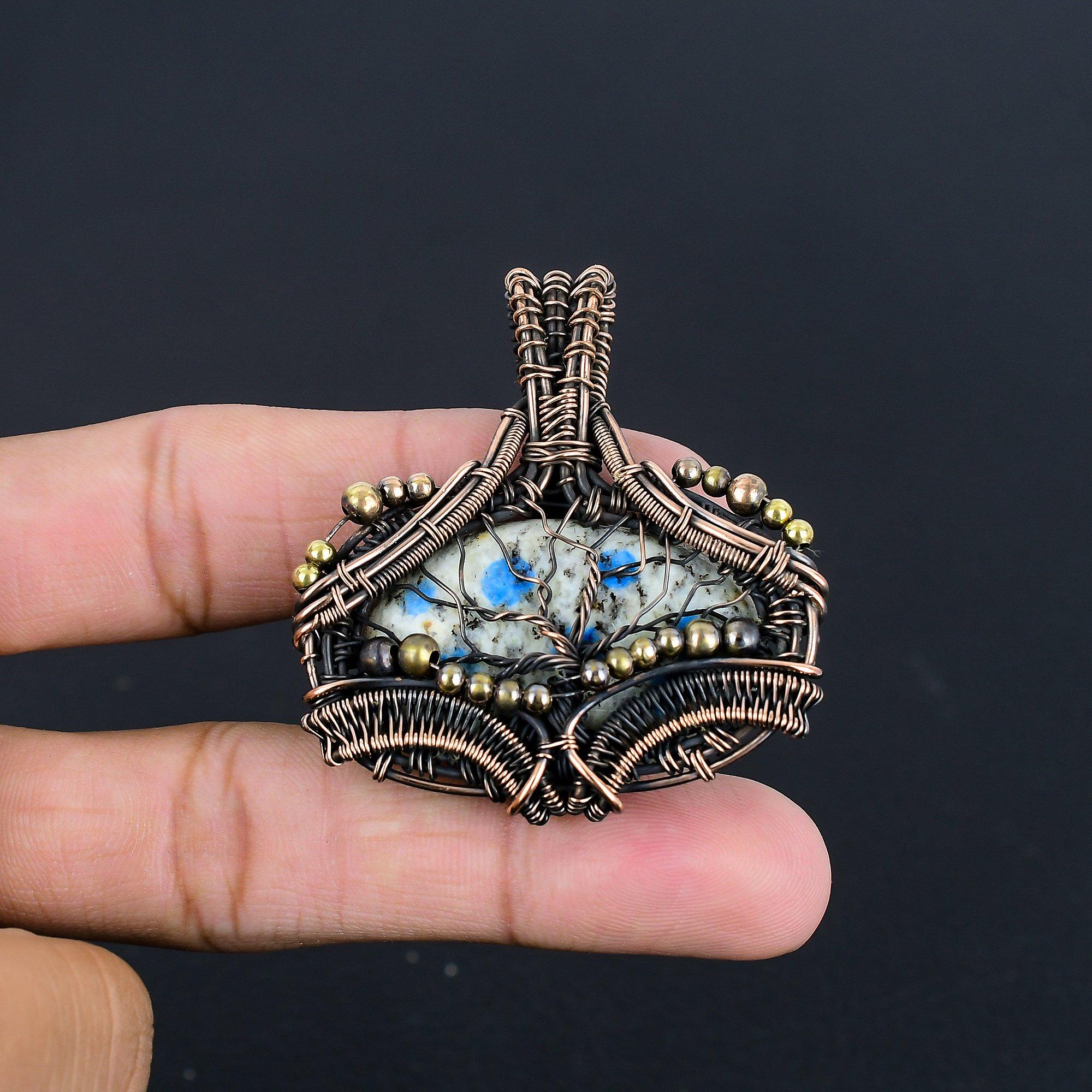 

K2 Azurite Pendant, 999 Copper Wire Wrapped Gemstone Jewelry, Handmade Pendant, For Thanksgiving 2.55 Inches