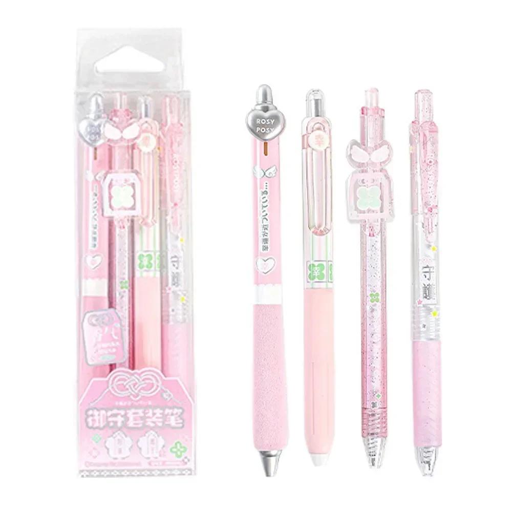 New High Quality 4Pcs/Set 0.5mm Pearl Angel Gel Pen Set Soft Comfort Grip Wing Design Black Ink Exam Pens Smooth Writing Gel Ink