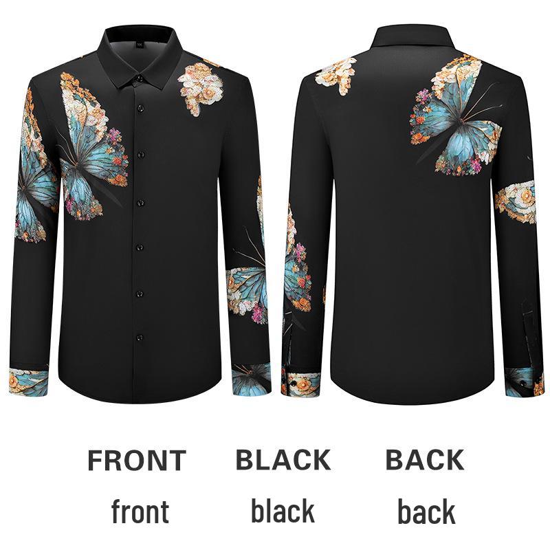 2025 Spring Men s European Butterfly Print Long Sleeve Shirt 4XL