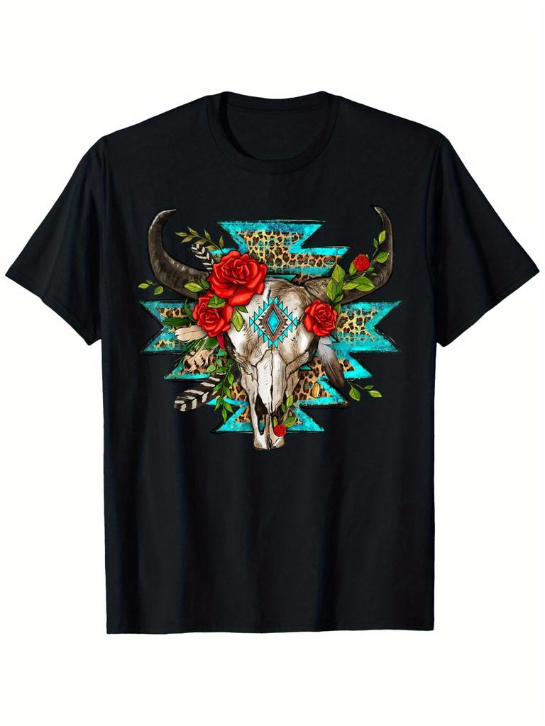 Turquoise Boho T-Shirt Round Neck Cotton Black T-Shirt for Women Men Short Sleeve T-Shirt Shirts Men Women T-Shirts