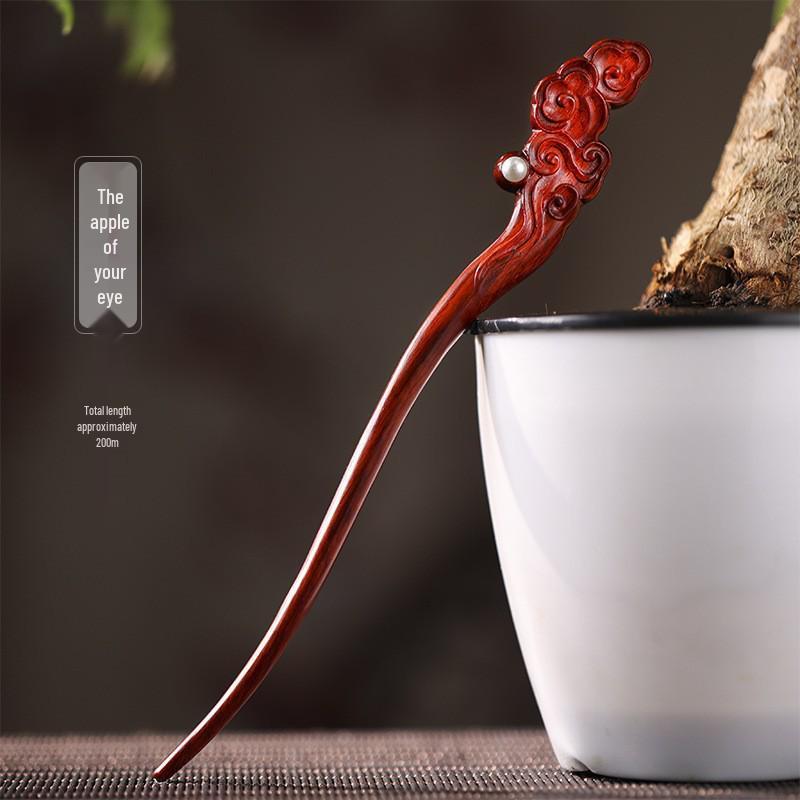 Red Sandalwood Women's Retro Hanfu Hairpins: Hollow Carved Moon Rabbit Wooden Ornaments