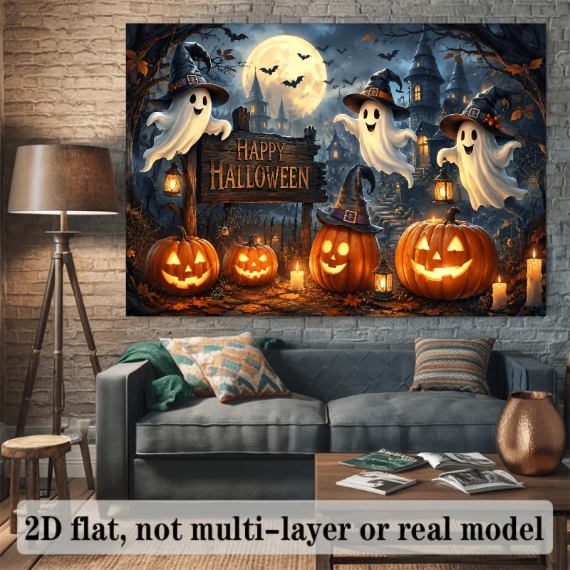 2D flat Halloween-themed background fabric, featuring ghosts wearing witch hats and glowing pumpkin lanternszyc
