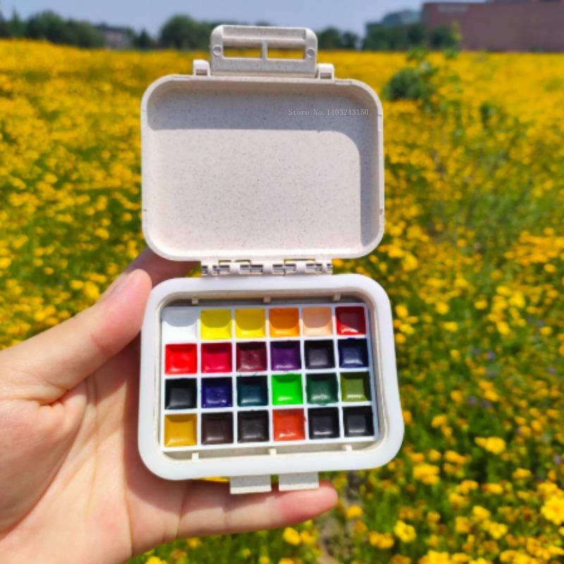 24-Fächer 0,5 ml Dichtungsring Feuchtigkeitsspendend Bonbonfarbe Festes Aquarell Verpackungsbox Tragbar Outdoor Skizzieren Malen Künstlerbedarf
