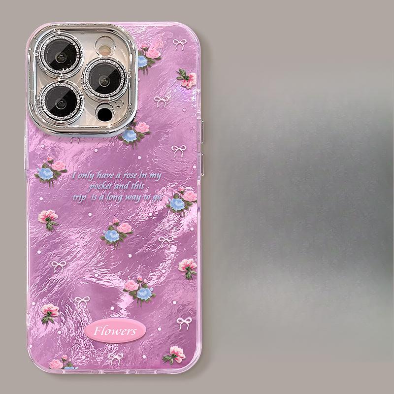 Pink Florals Suitable for Apple 16pro Glacier Pattern Mobile Phone Case 15 Full-inclusive Lens Film 14 Spring and Summer 13 Small Fresh X