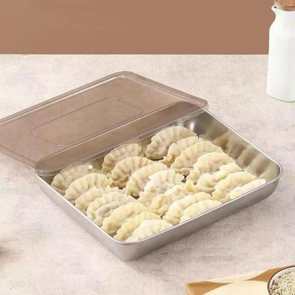 Thickened Stainless Steel Food Tray with Lid Large Rectangular Serving Dish Kitchen Prep Tray Storage Container 25 5x20x5 5cm Durable Design