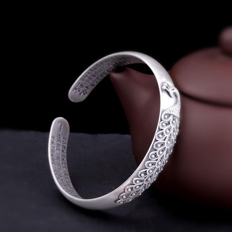 Vintage buddhistischer Herz-Sutras-Ring für Frauen, Schmuck, exquisiter geschnitzter Pfau-Armreif, weibliches Party-Zubehör