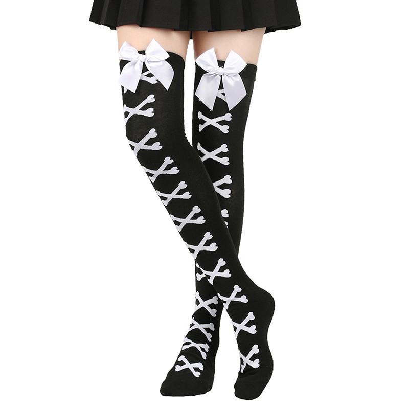 1 Paar Mädchen Schwarz Süß Niedlich Rosa Y2K Harajuku Lolita Oberschenkelhohe Strümpfe Mädchen Knochen Schleife Socken Streetwear
