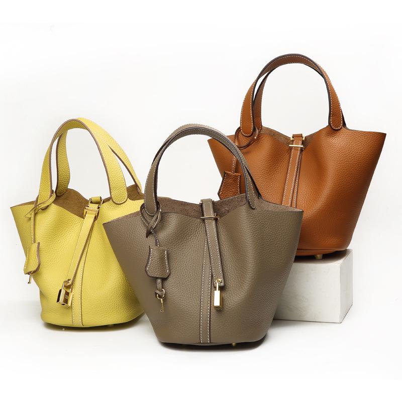 High-End Genuine Cowhide Leather Bucket Handbag