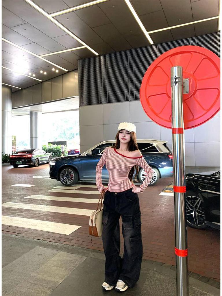 Koreański Jednoramienny Pasiasty Długi Rękaw Dopasowany Codzienny Damski Top