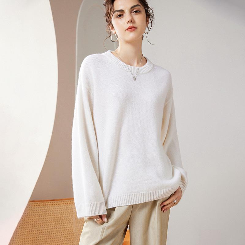

Женский модный утолщенный свитер из чистого кашемира с круглым вырезом - осенне-зимний базовый слой свободного кроя One Size белый