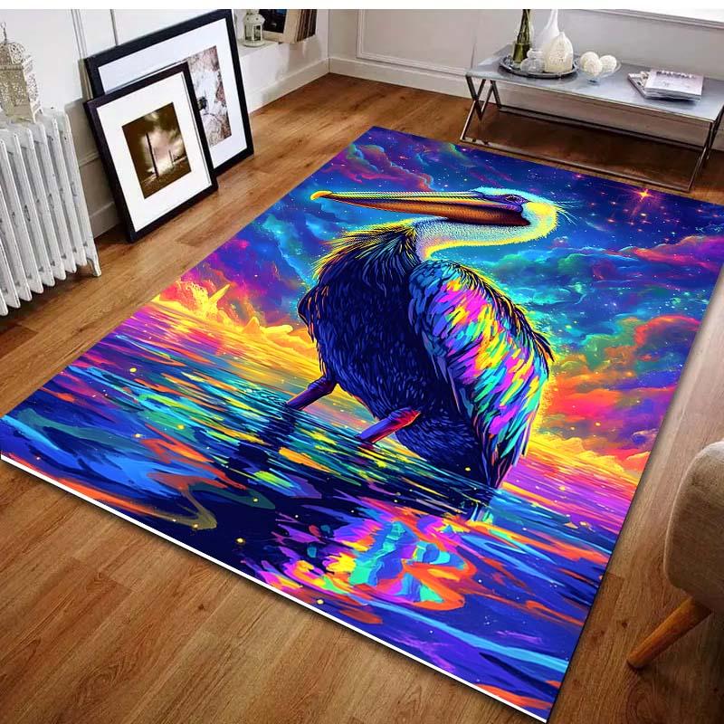 Psychedelic Neon Pelican Print Carpet for Bedroom Living Room Bedside Sofa Floor Mat Modern Home Decor Area Rug Large Size