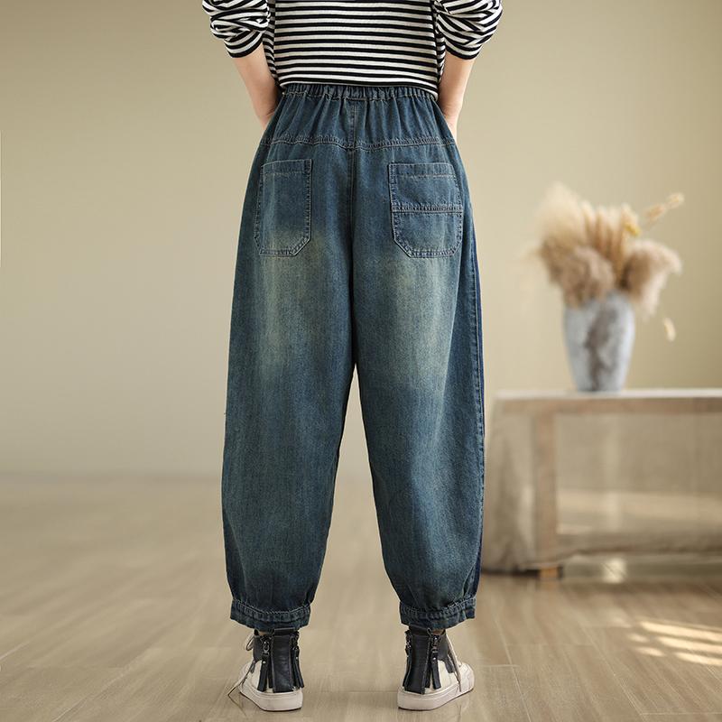 Women's Elastic Waist Jeans Drawstring Big Pocket Wide Leg Solid Color Simple Basic Harem Trouser Female Autumn Denim Pants