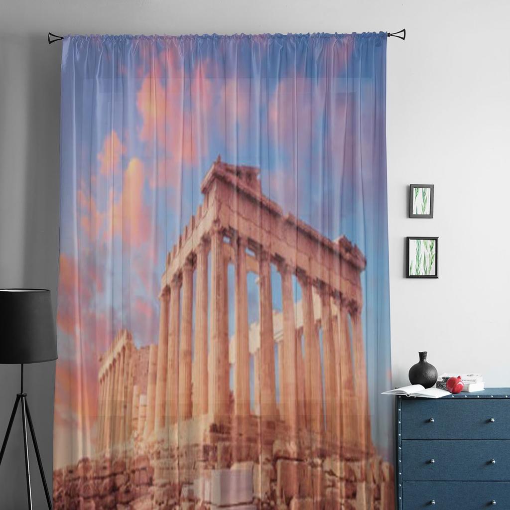 Cortina Voile Rosa Pôr do Sol Parthenon Para Sala de Estar Quarto Cortinas Voile Para Janela Cortinas de Organza Cortinas de Tule Para Festa