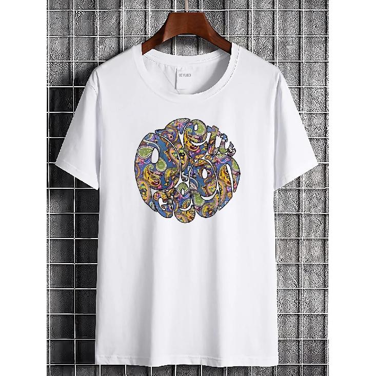 Pretty Green Paisley Logo T-Shirt - White with Green Brown Print, Size 4 (EU M), Casual Streetwear Short Sleeve Round Neck, Breathable Soft S белый