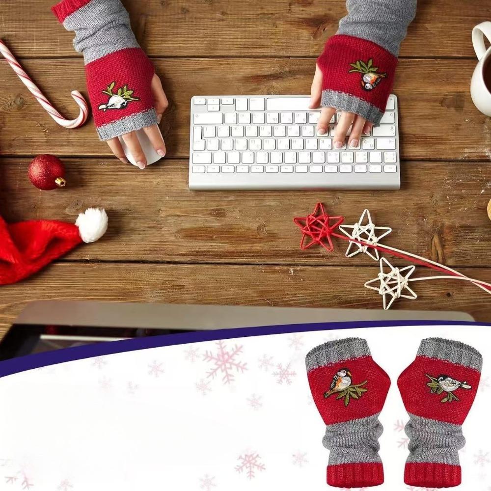 Gloves Autumn and Winter Warm Fashion, Ladies Knitted Gloves, Fashion Warm Splicing Embroidered Gloves Female