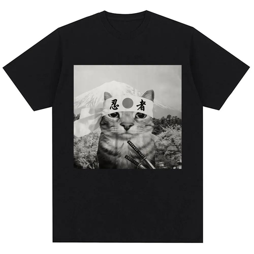 Funny Japanese Samurai Cat Meme Graphic TShirt  Unisex Trendy Vintage Humorous Oversized 100 Cotton Casual Short Sleeve Tee S
