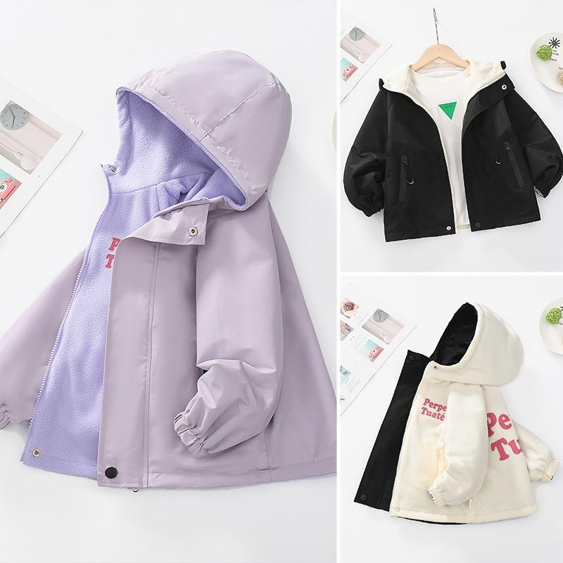 Girls Fleece Lined Reversible Hooded Jacket Kids Children Warm Outerwear
