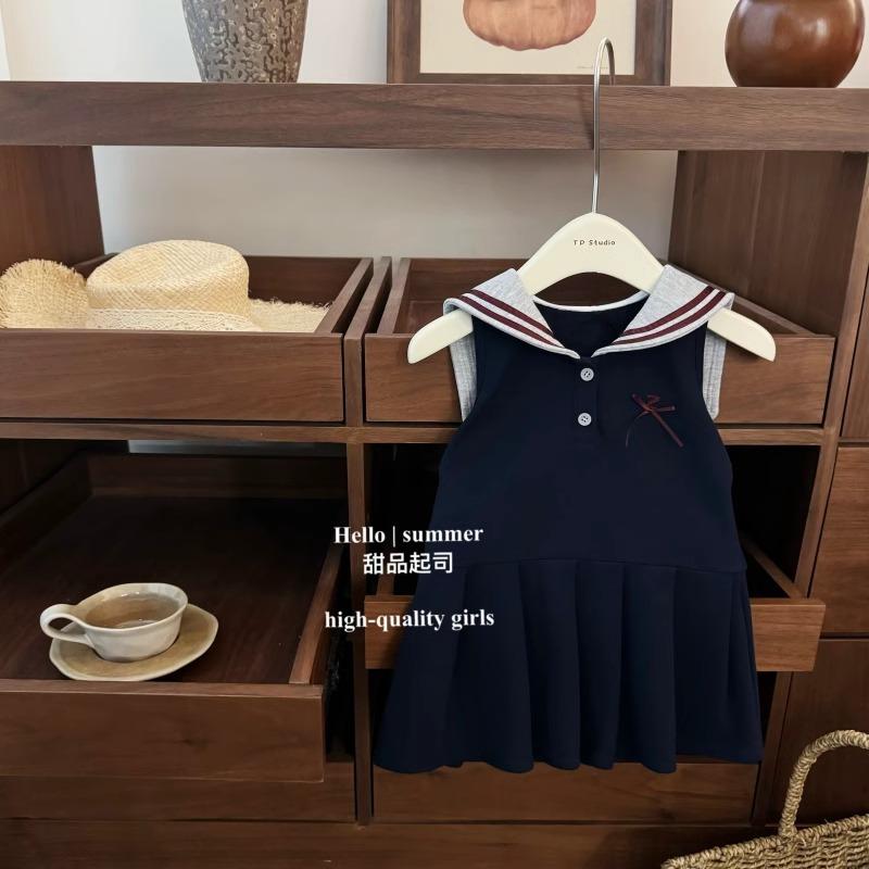 Navy Sailor Collar Sleeveless Girls Dress, Stripe Trim Bow Embroidery Pleated Hem Toddler Summer Uniform Dress