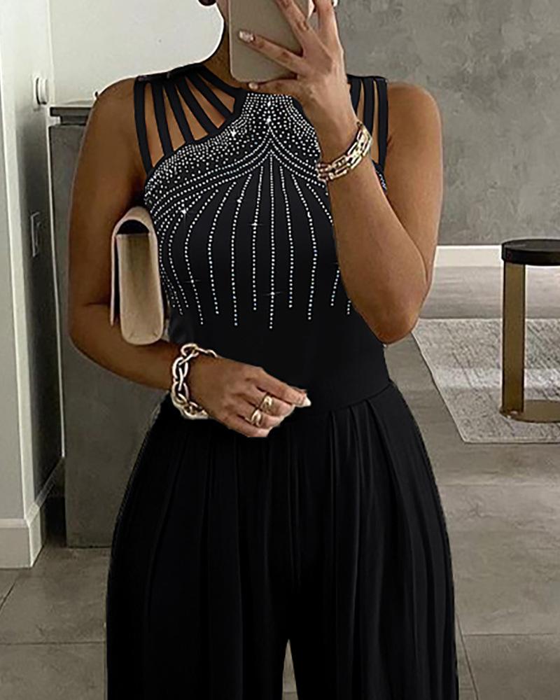 Women s Halter Sleeveless Jumpsuit Slim Fit Mid Rise Rhinestone Elegant Evening Wide Leg Jumpsuit S