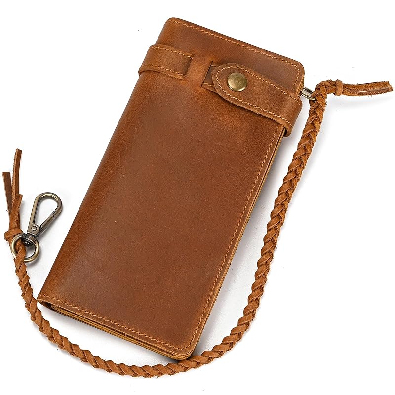 

[wifreo] leather long wallet men s bi-fold wallet genuine leather card holder coin purse with braided chain long wallet Compatible with smartphones