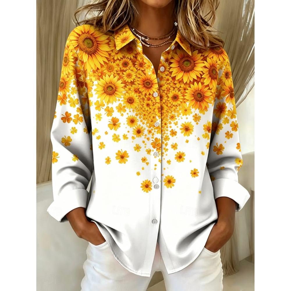 Women's Long Sleeve Ombre Clover Print Button Down Casual Shirt Elegant Daily Blouse Tops in White for Spring Summer