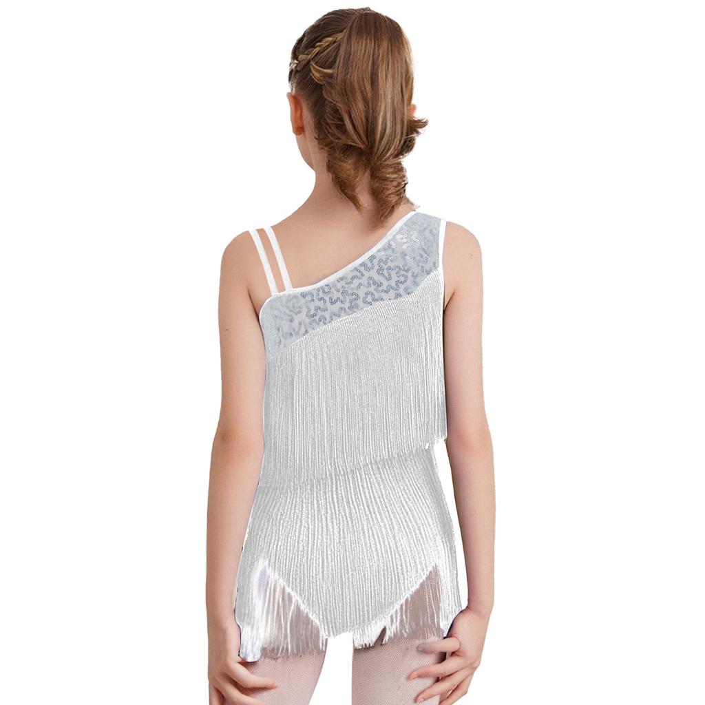 Mädchen Modernes Standardtanzkostüm Ärmellos Stufige Quasten Body Asymmetrisches Design Latein Salsa Tanzbekleidung
