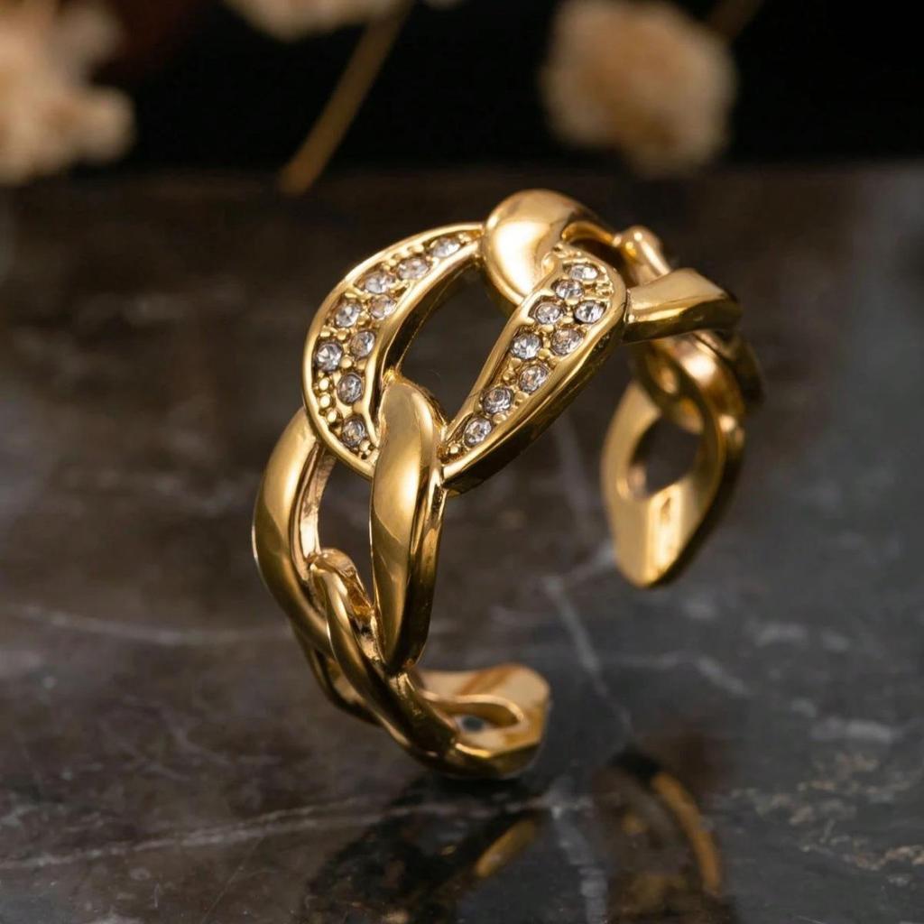 18K Gold Plated Stainless Steel Rhinestone Open Ring, Retro Women's Jewelry Design