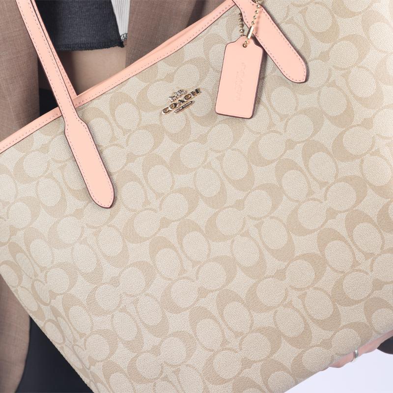 New COACH City Canvas With Smooth Leather Tote Bag Shopping Bag Handbag Shoulder Bag Large Size Women's Khaki 5696-IMTYF