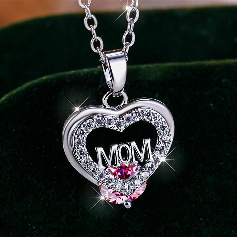 Crystal Luxury White Zircon Stone Heart Mom Letter Pendant Necklace Vintage Wedding Jewelry For Women Mother's Day Gift