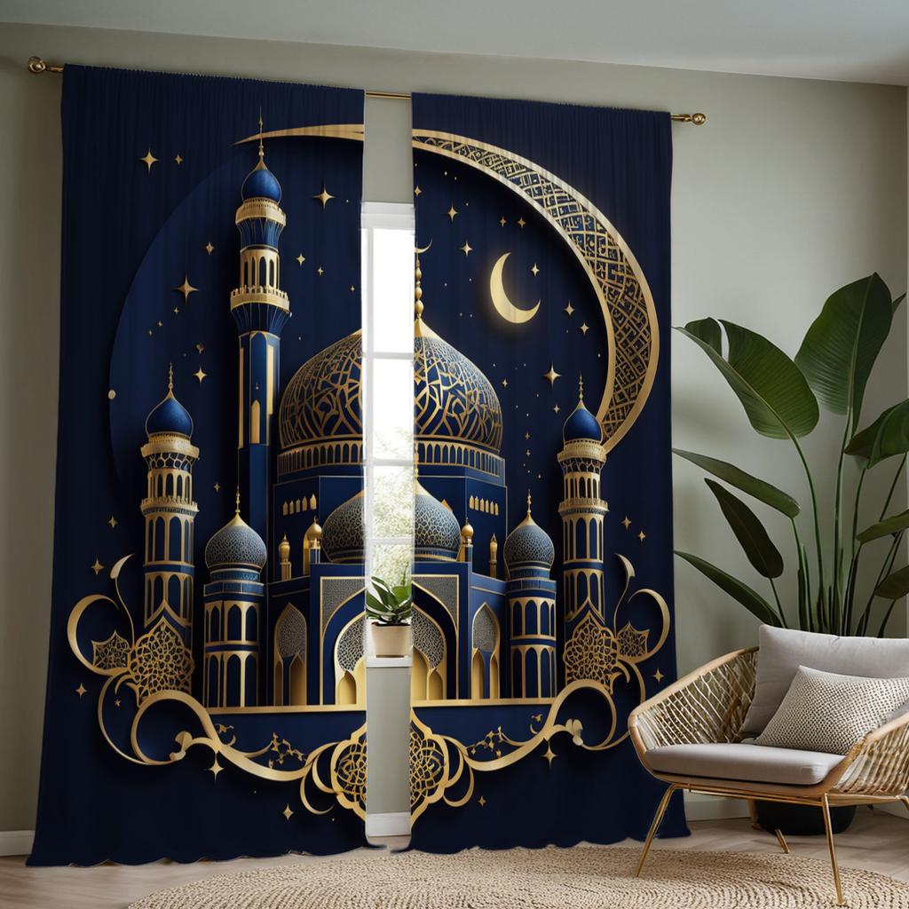 Set Of 2 Islamic Architecture Curtains Golden Star Moon Print Polyester Living Room Bedroom Light Blocking Made Area Window Treatment