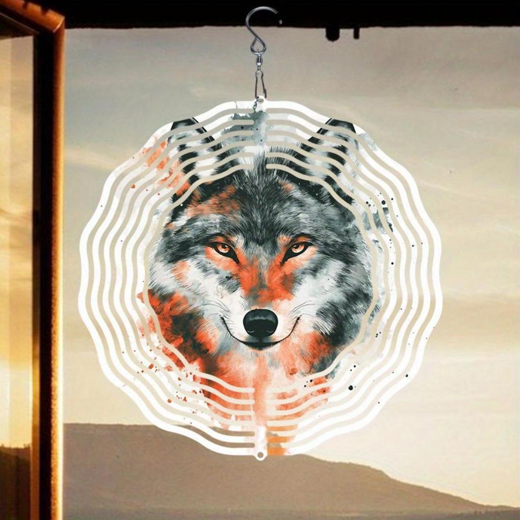 Wolf Watercolor Wind Chime with 360 Rotating Hook Outdoor Garden Patio Decor Weatherproof 2D Dynamic Art for Holiday Gifts