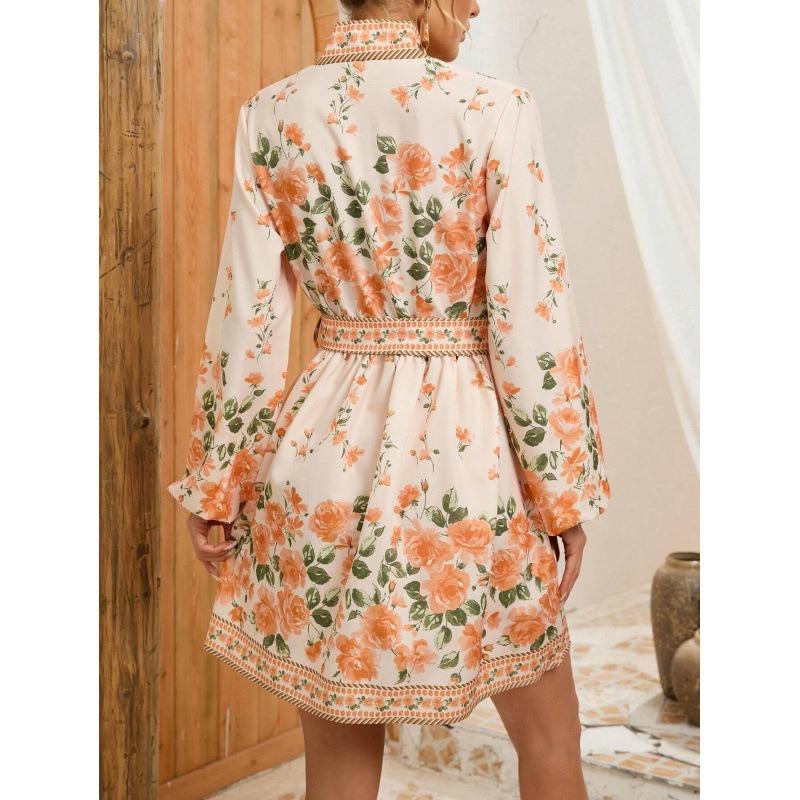 Women Floral Print V Neck Mini Dress Long Sleeve With Waist Tie And Border Print