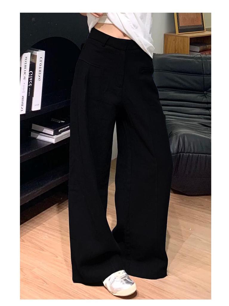 Petite XS Women’s Navy Blue Straight-Leg Wide-Leg Suit Pants, Old Money Style, Spring & Autumn, 145cm Length
