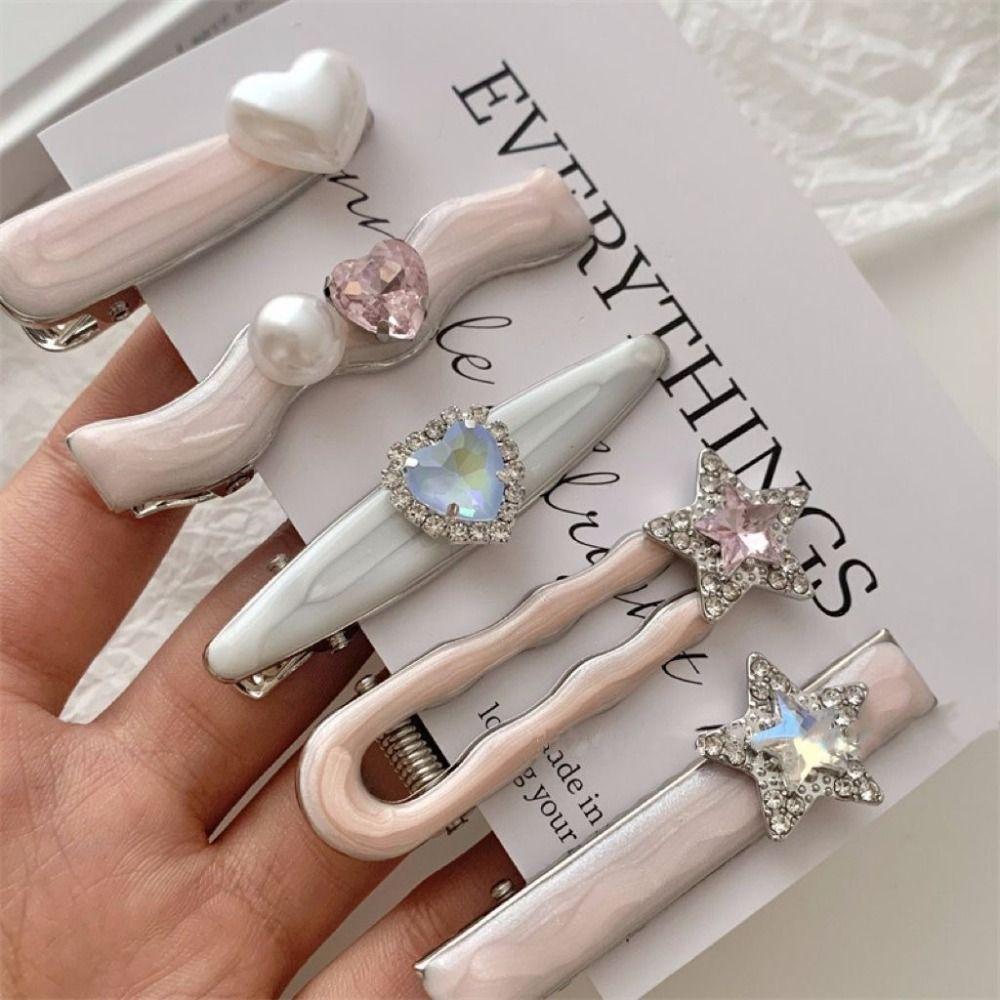 5Pcs/Set Cool Shiny Hair Clips Heart Shape Hair Accessories Trendy Barrettes  Women Girls