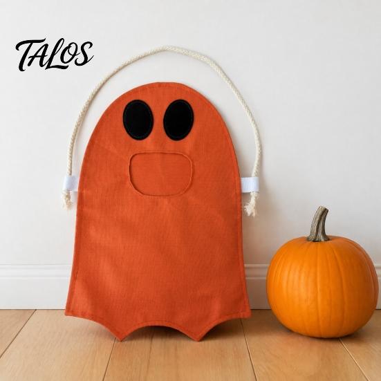 Trick or Treat Bucket Halloween Ghost Candy Bag for Kids, Cute Fabric Durable Holder Tote with Handle, Spooky Snack Goodie Bags Party Supplies
