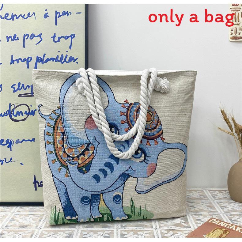 Ethnic Style Elephant Embroidered Canvas Shoulder Bag With Cotton Rope Strap For Casual Travel