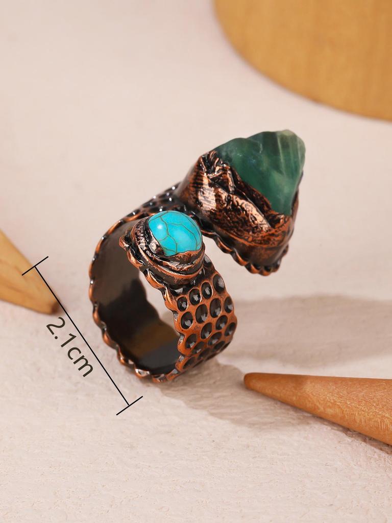 Retro Green Fluorite Handmade Adjustable Snake Ring in Electroplated Antique Bronze