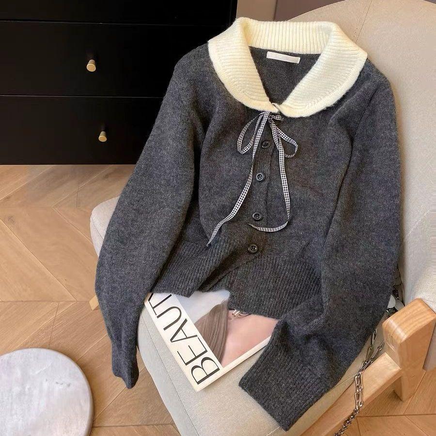 Korean Doll Collar Cardigan: Elegant Knitwear with Bow Tie Lace for Spring & Autumn