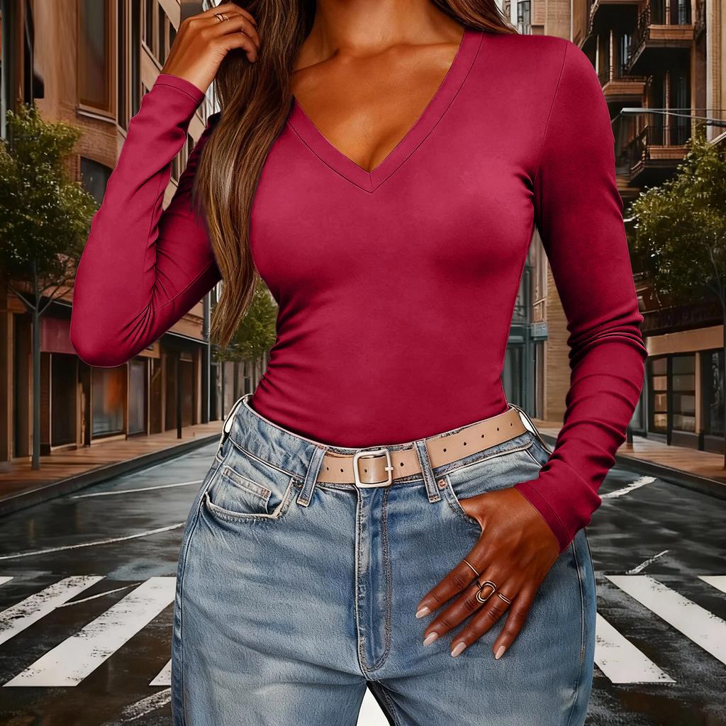 Women's Color V,Neck Slim,Fit Long,Sleeve Top