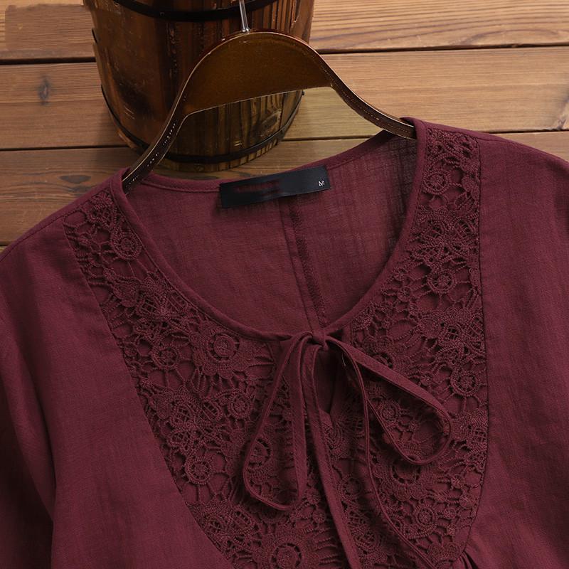 New Cotton Linen Patchwork Lace 3/4 Sleeve Loose Fit Women's Top