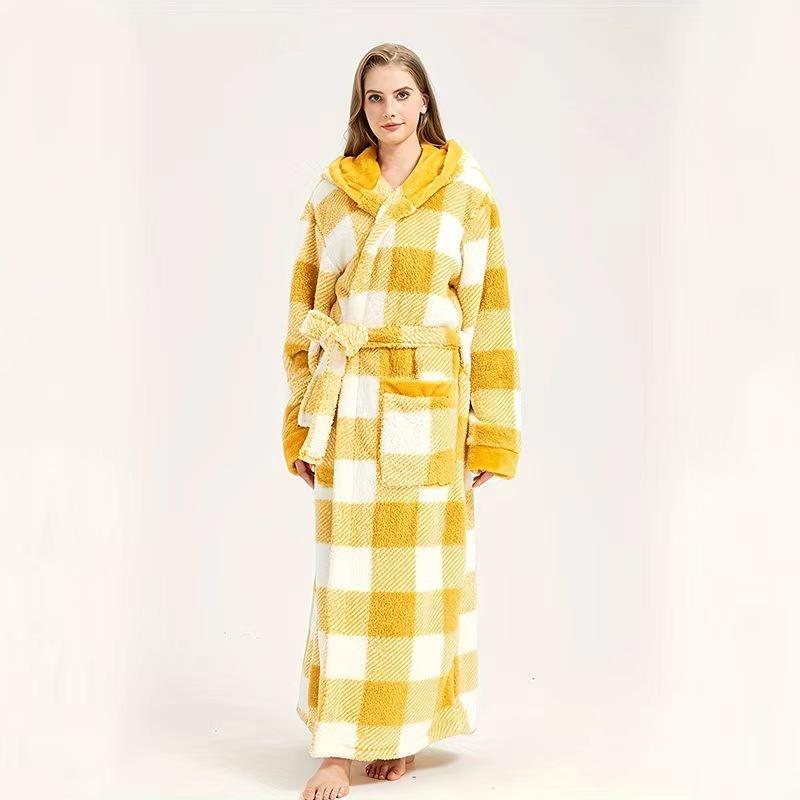 Couple Bathrobe Men Women Coral Fleece Hooded Robe Winter Thick Warm Plaid Striped Long Sleep Robe Home Spa Loungewear Bath Robe
