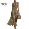 Light Fabric Dress Floral Chiffon for Women, Halter Sleeveless Ruched Maxi Casual Loose Fit Dress, Turtle Neck Wedding Guest Cocktail Evening